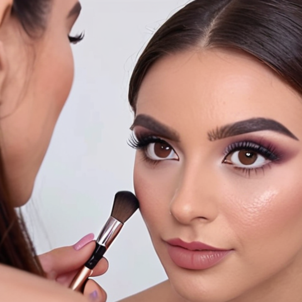 **"Beauty consultant creating makeup tutorial video for social media, demonstrating a simple everyday eye makeup look, bright and engaging style."**