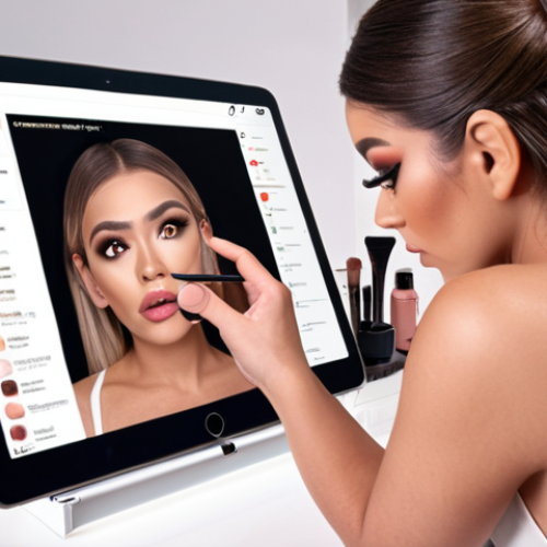 Home 14 **Beauty influencer thoughtfully reading a customer's negative review on a tablet, surrounded by makeup products.** (Focuses on acknowledging the customer's feelings and identifying the problem.)