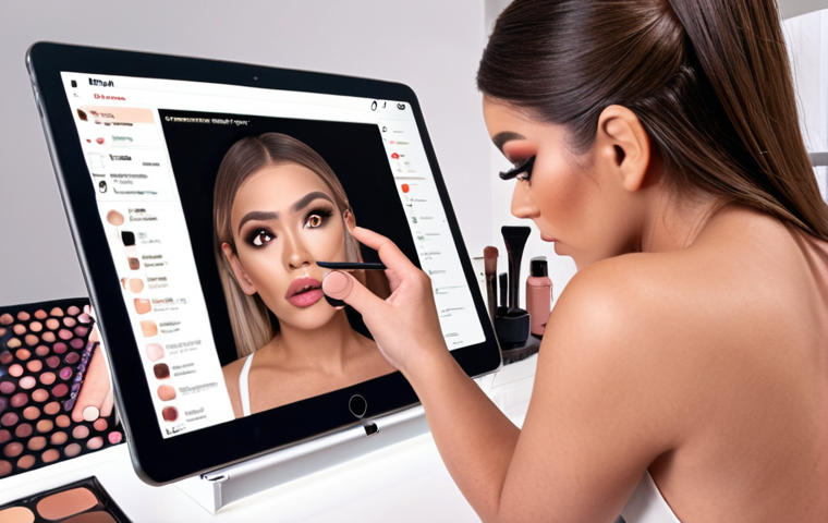 **Beauty influencer thoughtfully reading a customer's negative review on a tablet, surrounded by makeup products.** (Focuses on acknowledging the customer's feelings and identifying the problem.)