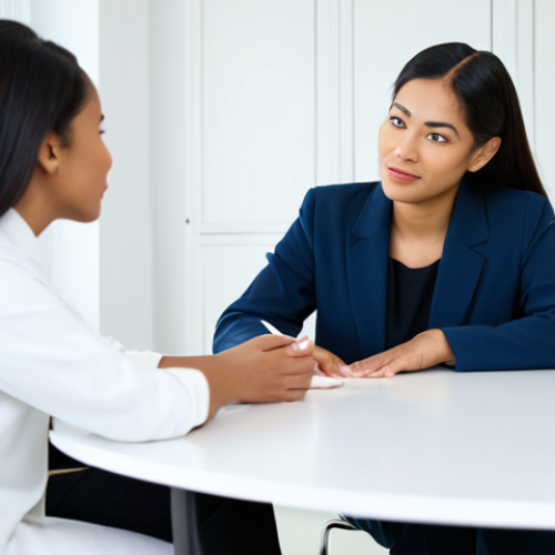 Home 7 A professional female beauty consultant, of diverse ethnicity, in modest business attire, attentively explaining skincare benefits to a female client in a brightly lit, clean, modern consultation room. The consultant gestures gently towards a set of neatly arranged, generic cosmetic products on a clean white table. The client is listening with a thoughtful expression. The background is softly blurred, indicating a professional, calm environment. Perfect anatomy, correct proportions, natural pose, well-formed hands, proper finger count, natural body proportions. fully clothed, appropriate attire, modest clothing, professional dress, safe for work, appropriate content, professional photography, high quality, studio lighting.