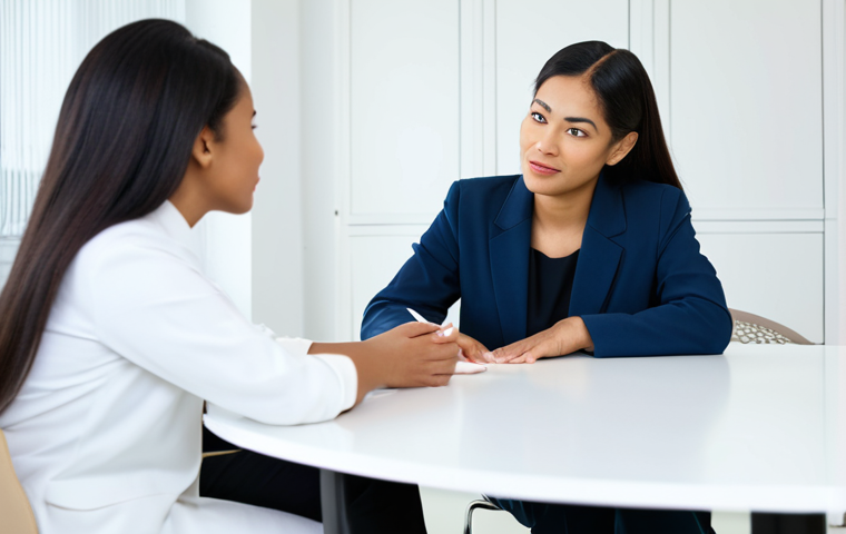 A professional female beauty consultant, of diverse ethnicity, in modest business attire, attentively explaining skincare benefits to a female client in a brightly lit, clean, modern consultation room. The consultant gestures gently towards a set of neatly arranged, generic cosmetic products on a clean white table. The client is listening with a thoughtful expression. The background is softly blurred, indicating a professional, calm environment. Perfect anatomy, correct proportions, natural pose, well-formed hands, proper finger count, natural body proportions. fully clothed, appropriate attire, modest clothing, professional dress, safe for work, appropriate content, professional photography, high quality, studio lighting.