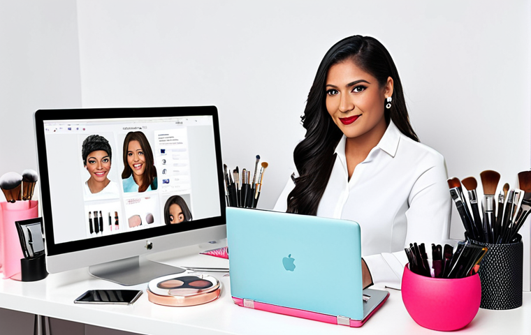 Beauty Consultant's Workspace**
Prompt: A bright and modern workspace for a beauty consultant. Display makeup brushes, skincare products (arranged neatly), a laptop open to a social media profile, and a professional-looking portfolio. The consultant is a Latina woman, fully clothed in stylish and modest attire, interacting with a client. The background is clean and uncluttered. Focus on professionalism and creativity. Add: Perfect anatomy, correct proportions, natural pose, well-formed hands, proper finger count, natural body proportions, safe for work, appropriate content, fully clothed, professional, modest, family-friendly.
**