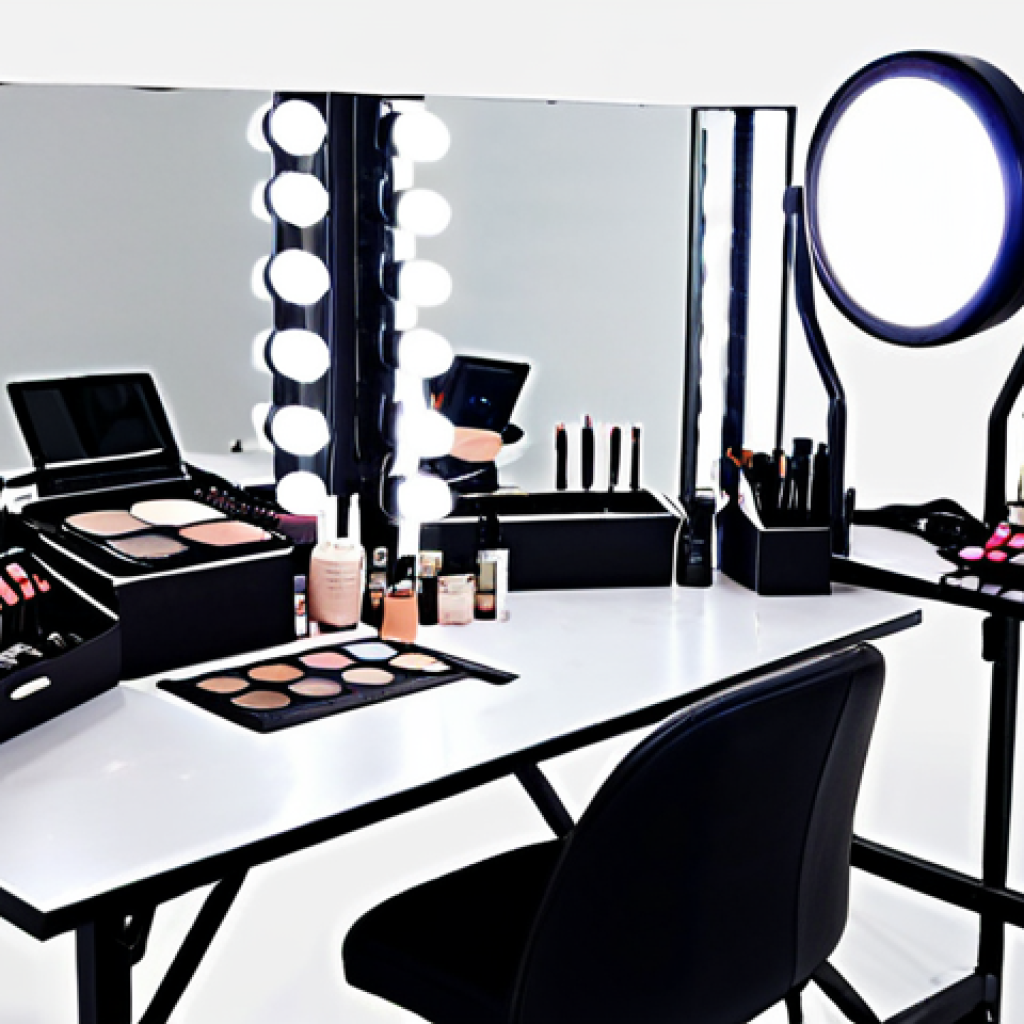 Makeup Artist Studio Setup**

"A professional makeup artist's workspace, featuring a well-lit vanity with a ring light illuminating a makeup chair.  Visible are various makeup brushes neatly organized, an illuminated magnifying mirror, and a selection of colorful makeup palettes.  Safe for work, appropriate content, fully clothed, professional setting, perfect anatomy (implied for tools), natural proportions (implied for tools), high-quality photography, clean and organized, modest decor."

**