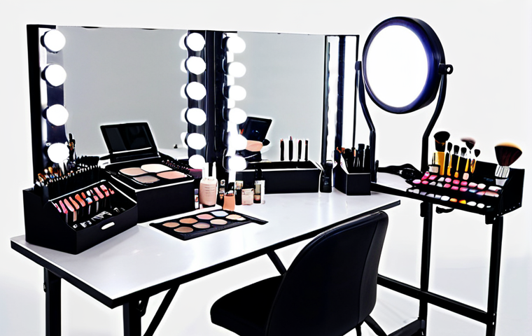 Makeup Artist Studio Setup**
"A professional makeup artist's workspace, featuring a well-lit vanity with a ring light illuminating a makeup chair. Visible are various makeup brushes neatly organized, an illuminated magnifying mirror, and a selection of colorful makeup palettes. Safe for work, appropriate content, fully clothed, professional setting, perfect anatomy (implied for tools), natural proportions (implied for tools), high-quality photography, clean and organized, modest decor."
**