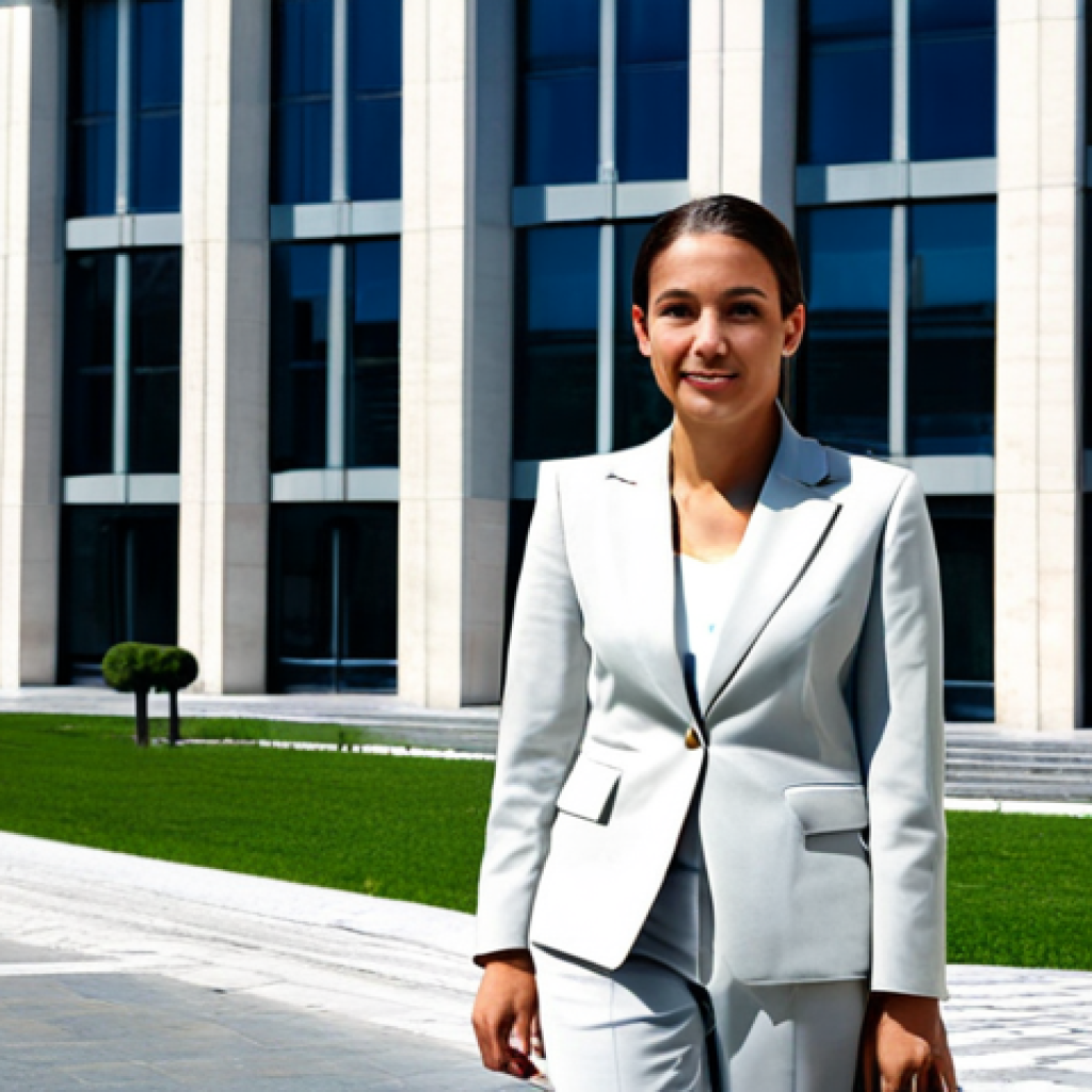 **

"A professional businesswoman in Madrid, wearing a modest but stylish 'traje de chaqueta' (business suit) with a light-colored blouse, standing in front of a modern office building in the city center, fully clothed, appropriate attire, safe for work, perfect anatomy, natural proportions, professional photography, high quality. The setting is a sunny day, showcasing the contemporary architecture of Madrid. Family-friendly and modest."

**