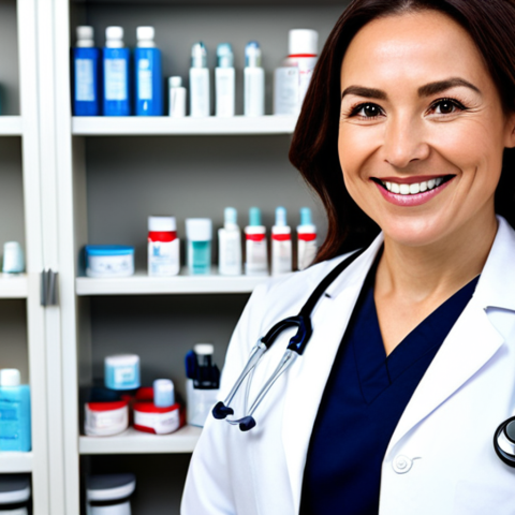 **
"A confident female dermatologist, mid-30s, wearing a clean, white lab coat, stethoscope around her neck, fully clothed, appropriate attire, safe for work. She is smiling warmly at the camera in a bright, modern clinic. Background includes medical equipment and skincare products neatly arranged on shelves. Perfect anatomy, correct proportions, natural pose, well-formed hands, proper finger count, natural body proportions, professional, modest, family-friendly, high quality."
**