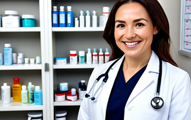 **
"A confident female dermatologist, mid-30s, wearing a clean, white lab coat, stethoscope around her neck, fully clothed, appropriate attire, safe for work. She is smiling warmly at the camera in a bright, modern clinic. Background includes medical equipment and skincare products neatly arranged on shelves. Perfect anatomy, correct proportions, natural pose, well-formed hands, proper finger count, natural body proportions, professional, modest, family-friendly, high quality."
**