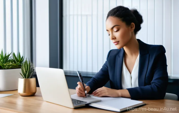 뷰티컨설턴트 학습 로드맵 작성 - **"The Aspiring Beauty Consultant's Study Corner"**: A bright and inviting close-up shot of a profes...