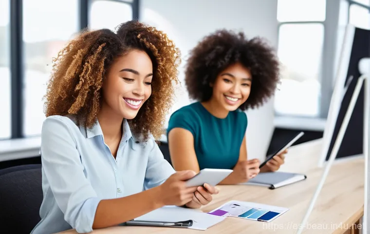 뷰티컨설턴트 인증 과정 비교 - **Prompt:** A diverse group of aspiring beauty consultants in a brightly lit, modern classroom setti...