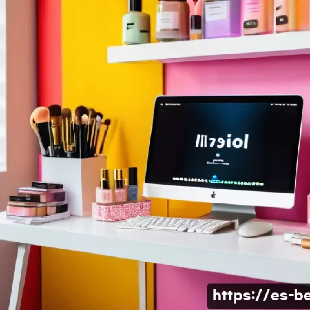 뷰티컨설턴트 신규 트렌드 파악법 - A vibrant, modern beauty consultant workspace in Mexico City, featuring a sleek laptop displaying In...