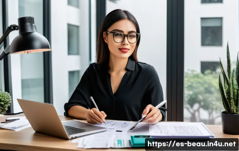 뷰티컨설턴트 월급 관리 방법 - A professional beauty consultant sitting at a modern workspace in Mexico City, organizing monthly fi...