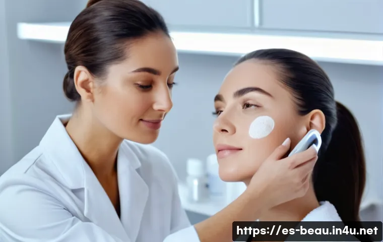 뷰티컨설턴트 실무 기술 증진 사례 연구 사례 - A professional skincare consultant performing a detailed skin analysis on a female client with mediu...
