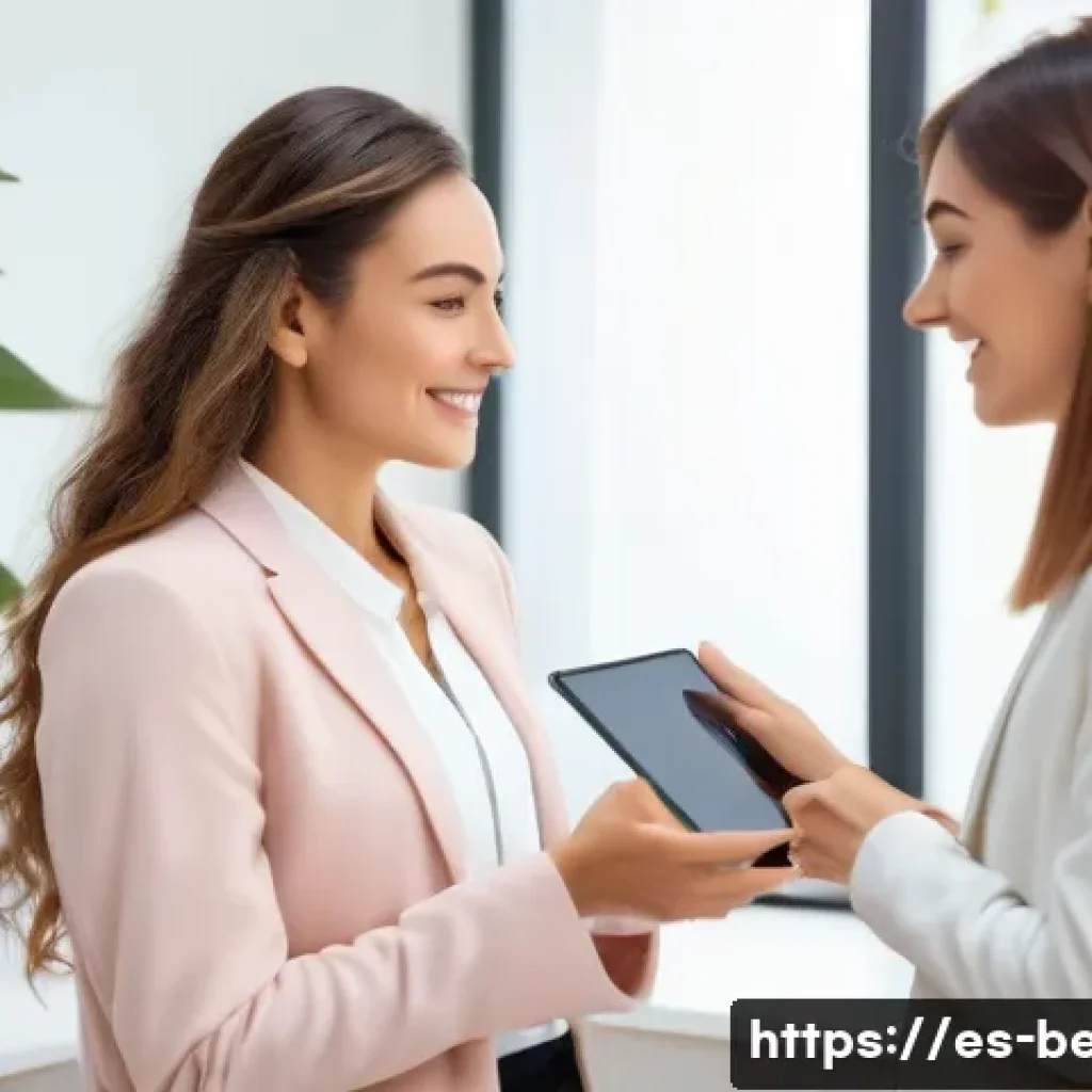 뷰티컨설턴트 고객 만족 전략 - A warm and inviting beauty consultation scene in a modern salon in Spain, featuring a friendly femal...