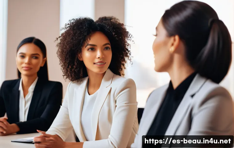 뷰티컨설턴트 조직 내 영향력 키우기 - A diverse professional beauty team engaged in active listening during a meeting, with warm lighting ...