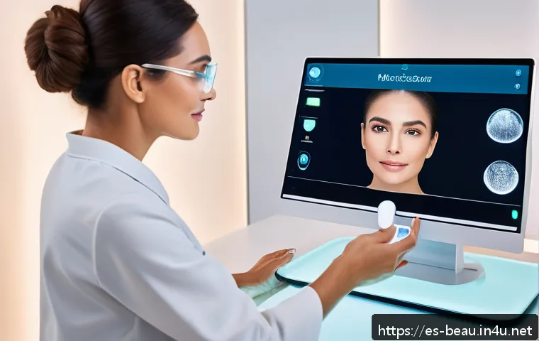 뷰티컨설턴트 이론 공부법 - A professional beauty consultant in a modern, well-lit skincare clinic, attentively analyzing a midd...