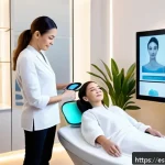 Home 19 뷰티컨설턴트 비즈니스 트렌드 - A modern beauty clinic scene showcasing a female aesthetician using an advanced AI-powered facial sk...