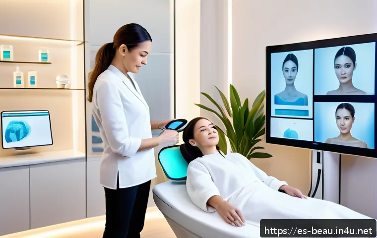 뷰티컨설턴트 비즈니스 트렌드 - A modern beauty clinic scene showcasing a female aesthetician using an advanced AI-powered facial sk...