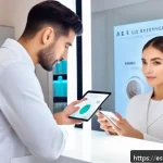 Home 23 뷰티컨설턴트 실무 워크샵 경험기 - A modern beauty consultant in a sleek, bright salon setting, using advanced skin analysis technology...