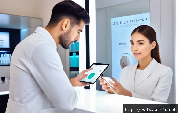 뷰티컨설턴트 실무 워크샵 경험기 - A modern beauty consultant in a sleek, bright salon setting, using advanced skin analysis technology...