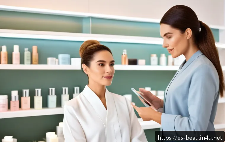 뷰티컨설턴트 실무 기술 평가법 - A professional beauty consultant attentively listening to a middle-aged Hispanic female client in a ...