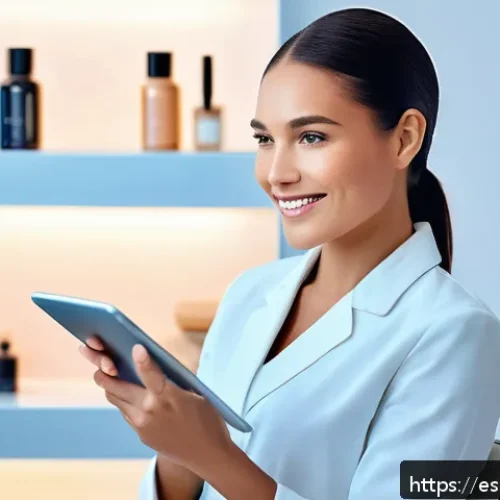 Home 32 뷰티컨설턴트 신입 직무 체험기 - A modern beauty consultant in a sleek, well-lit spa setting, wearing professional attire with a neat...