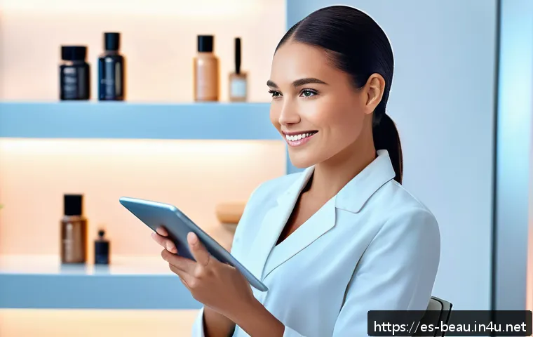 뷰티컨설턴트 신입 직무 체험기 - A modern beauty consultant in a sleek, well-lit spa setting, wearing professional attire with a neat...
