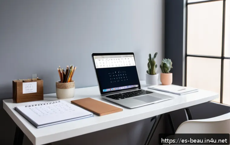뷰티컨설턴트 자격증 응시 후기 - A well-organized study space for beauty certification preparation, featuring a tidy desk with a lapt...