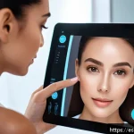 Home 23 뷰티컨설턴트 직업의 미래 전망 - A high-tech beauty consultant using a sleek tablet displaying an AI-powered skin analysis app, showi...