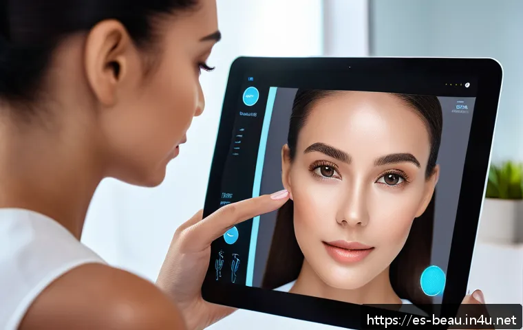 뷰티컨설턴트 직업의 미래 전망 - A high-tech beauty consultant using a sleek tablet displaying an AI-powered skin analysis app, showi...