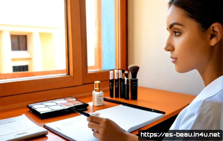 뷰티컨설턴트 자격증 시험 준비 사례 - Photorealistic Spanish beauty consultant certification exam preparation scene, focused young adult w...