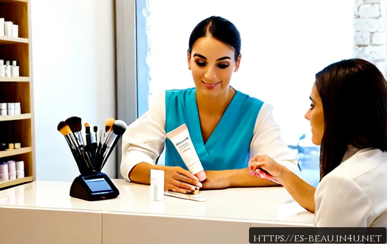 Home 17 뷰티컨설턴트 주요 직업적 평가 기준 연구 - Photorealistic beauty consultant in a bright modern cosmetics boutique in Madrid, warmly assisting a...