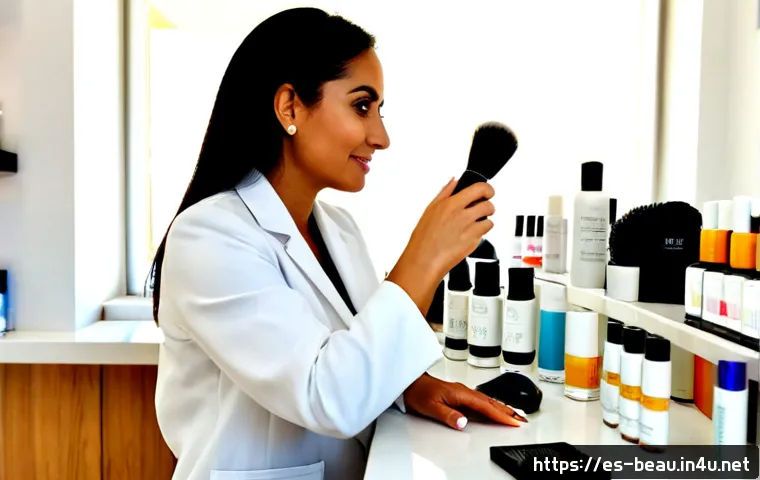 뷰티컨설턴트 커리어 패스 - Photorealistic career development scene for a beauty consultant in Spain, confident Latina woman in ...